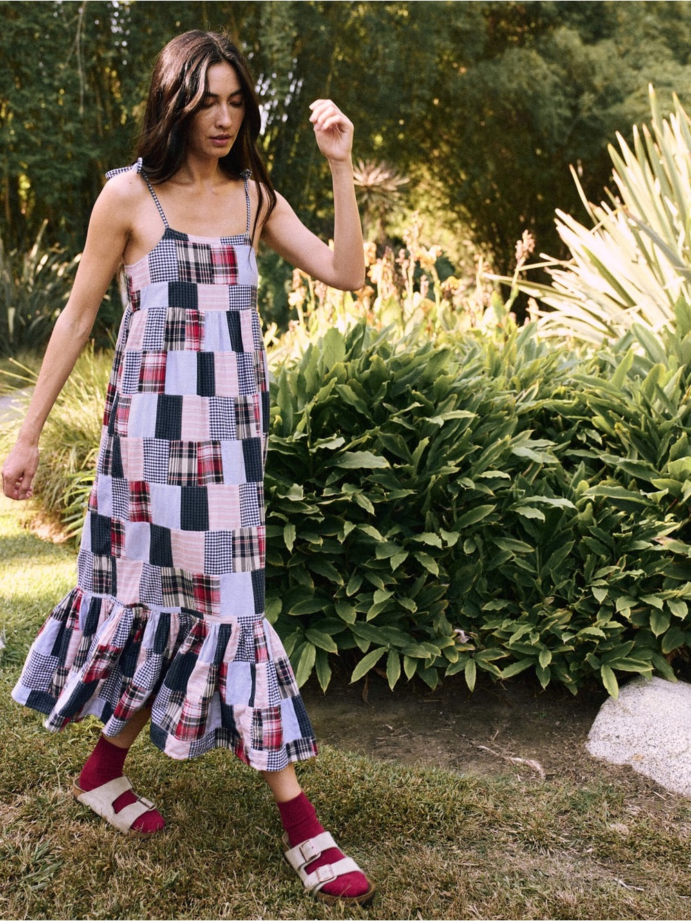 THE GREAT. Patchwork Tie-Shoulder Maxi Dress in Navy, Red & Cream NWOT Size 0
